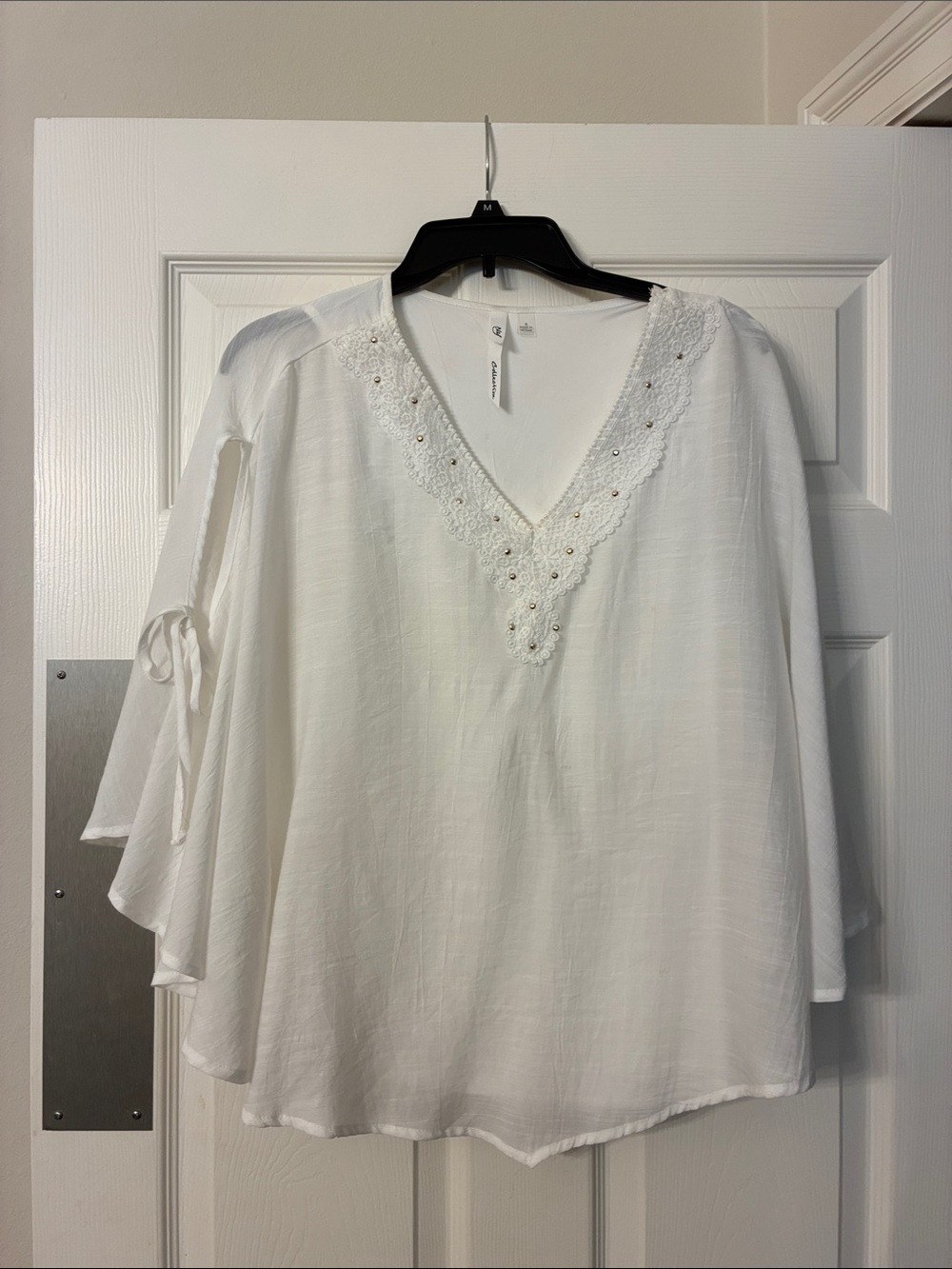 NY Collection White V-Neck Lace-Accent Tunic